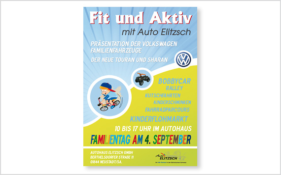Satz, Gestaltung und Lieferung von Plakaten, Flyern und Gutscheinen für die Autohaus Elitzsch GmbH